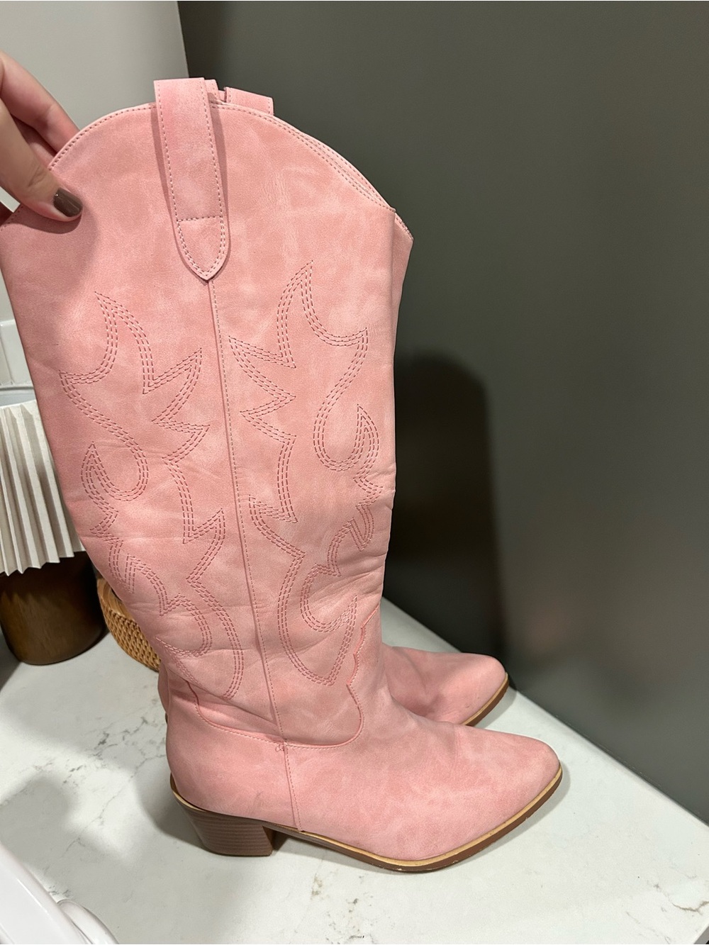 Pink Suede-Effect Western Heeled Boots